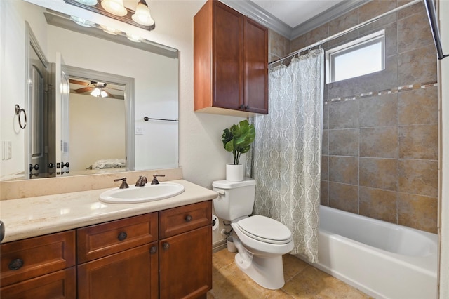 2419 Briarhurst Dr, Houston, TX 77057 - full bath with vanity, shower / tub combo with curtain, tile patterned floors, and ceiling fan