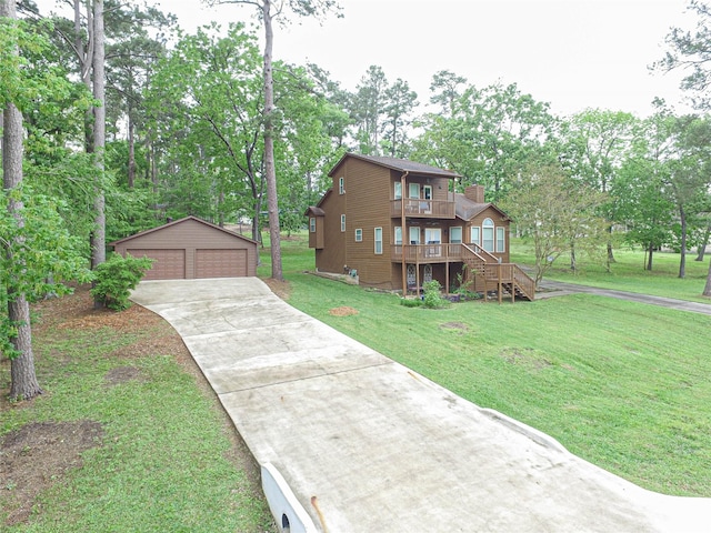 rustic home with stairway, a wooden deck, an outbuilding, a front yard, and a garage