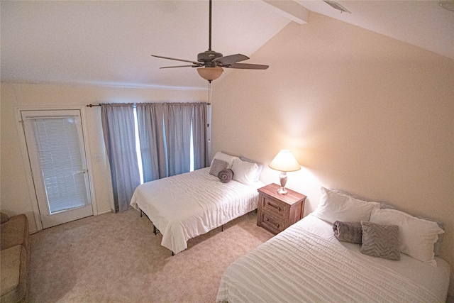bedroom with lofted ceiling with beams, light carpet, and ceiling fan