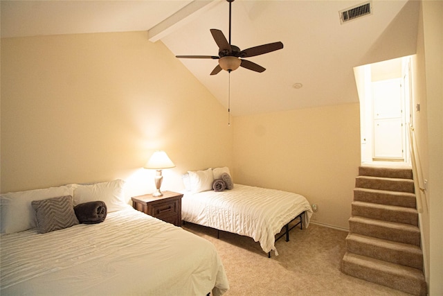 bedroom featuring carpet, visible vents, a ceiling fan, and lofted ceiling with beams