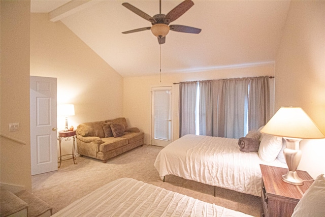 carpeted bedroom featuring ceiling fan and vaulted ceiling with beams