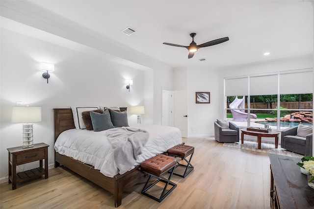 bedroom featuring recessed lighting, ceiling fan, light wood finished floors, and visible vents