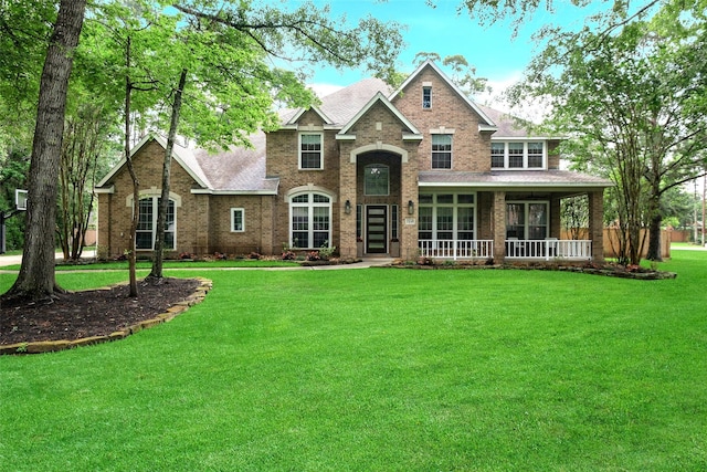 view of front of property with brick siding, a shingled roof, a front lawn, and covered porch