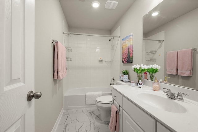 17010 Bainham Forest Trl, Hockley, TX 77447 - bathroom with vanity, recessed lighting, toilet, marble finish flooring, and shower / bath combination