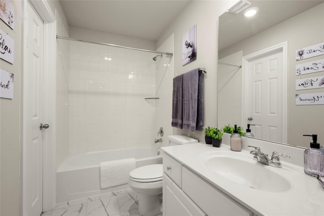17010 Bainham Forest Trl, Hockley, TX 77447 - full bathroom with vanity, marble look tiles, toilet, shower / tub combination, and recessed lighting