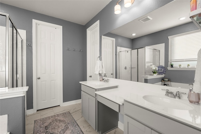 17010 Bainham Forest Trl, Hockley, TX 77447 - bathroom featuring a shower stall, double vanity, baseboards, and marble finish floors
