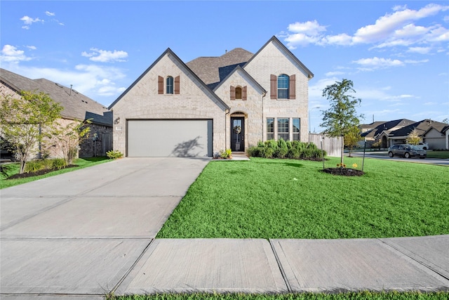 17010 Bainham Forest Trl, Hockley, TX 77447 - french country inspired facade with a front lawn, driveway, a garage, brick siding, and stone siding