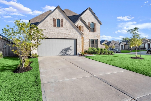 17010 Bainham Forest Trl, Hockley, TX 77447 - french country inspired facade with stone siding, brick siding, concrete driveway, and a garage