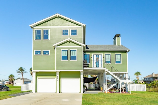 coastal inspired home featuring a front lawn, driveway, fence, a garage, and stairs