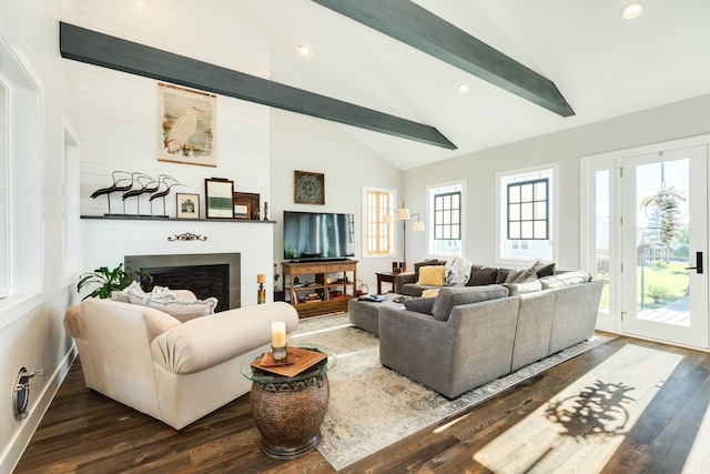 living room featuring high vaulted ceiling, beamed ceiling, a fireplace, dark wood-type flooring, and recessed lighting
