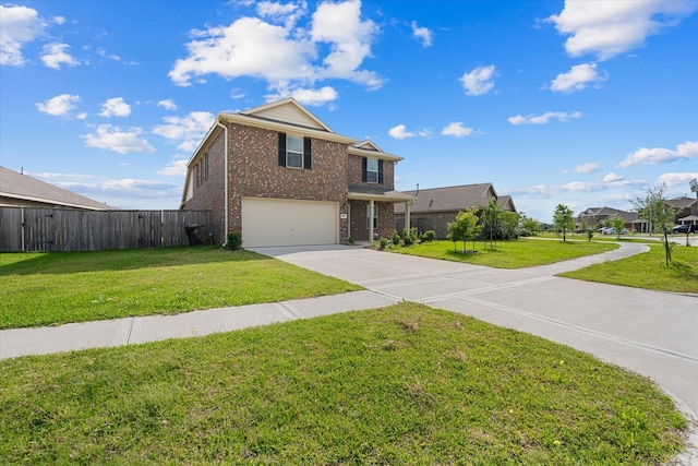 traditional home with driveway, fence, brick siding, an attached garage, and a front yard