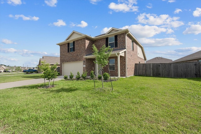 traditional-style house featuring brick siding, an attached garage, concrete driveway, and fence