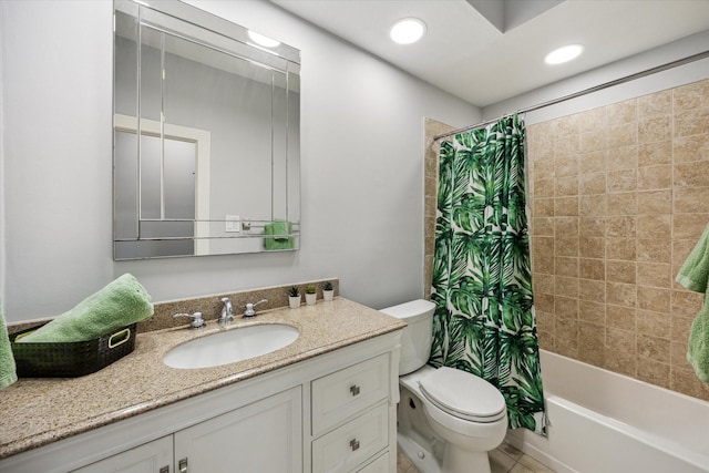 12692 Briar Patch Rd, Houston, TX 77077 - full bath featuring vanity, toilet, recessed lighting, tile patterned flooring, and shower / bath combination with curtain