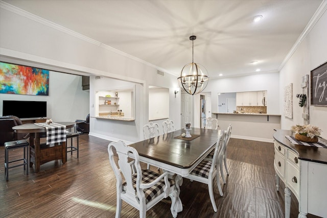 12692 Briar Patch Rd, Houston, TX 77077 - dining room featuring visible vents, an inviting chandelier, dark wood-style floors, and ornamental molding