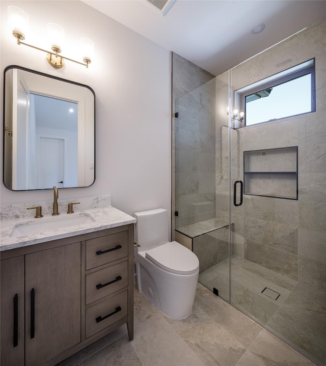 2239 Colquitt St, Houston, TX 77098 - full bath with vanity, a stall shower, visible vents, and toilet