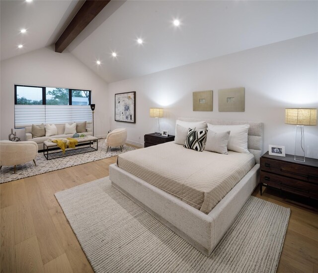 2239 Colquitt St, Houston, TX 77098 - bedroom featuring recessed lighting, high vaulted ceiling, beam ceiling, and wood finished floors