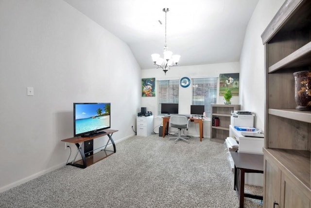 carpeted office featuring baseboards, vaulted ceiling, and an inviting chandelier