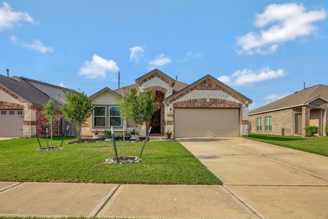 ranch-style home with concrete driveway, an attached garage, stone siding, and a front yard