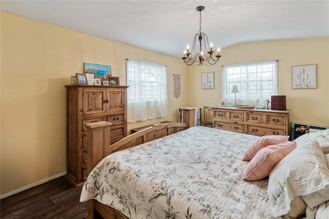 bedroom featuring multiple windows, baseboards, an inviting chandelier, and dark wood finished floors