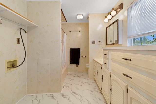 12 Walker Trl, Huntsville, TX 77320 - bathroom featuring vanity, shower / bath combo, toilet, marble look tile flooring, and a textured ceiling