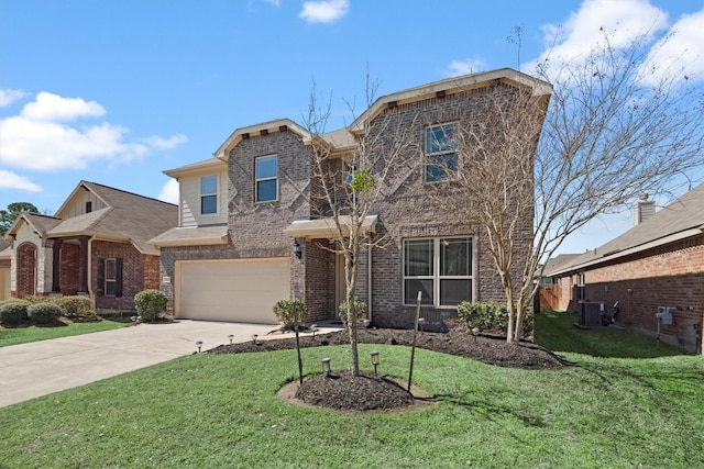 traditional home with a garage, concrete driveway, cooling unit, a front yard, and brick siding