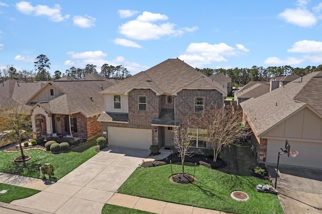 view of front facade featuring a front lawn, driveway, an attached garage, brick siding, and a residential view