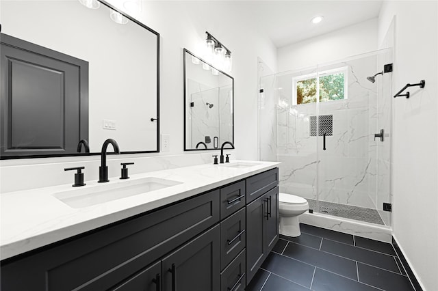 7038 Smilax St A-B, Unit A-B Houston, TX 77088 - full bathroom featuring a marble finish shower, toilet, double vanity, tile patterned floors, and recessed lighting