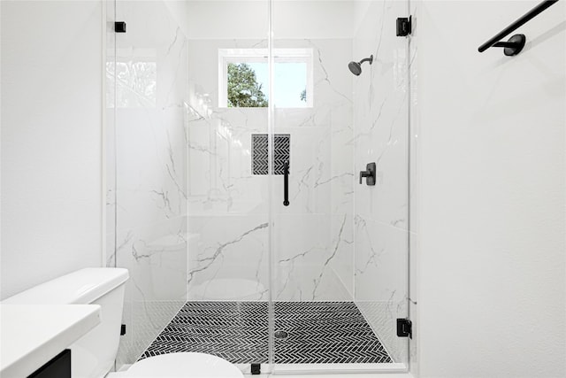 7038 Smilax St A-B, Unit A-B Houston, TX 77088 - bathroom featuring toilet, a marble finish shower, and vanity