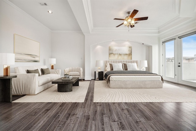 bedroom featuring crown molding, wood finished floors, access to exterior, visible vents, and recessed lighting