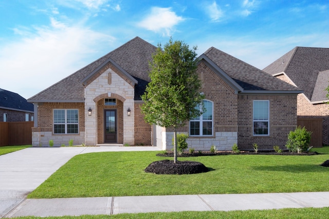 french country style house featuring a front lawn, brick siding, and stone siding