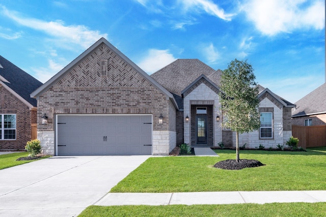 french country style house with a front lawn, driveway, stone siding, brick siding, and a garage