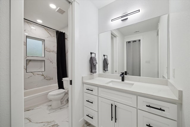 full bathroom with visible vents, vanity, toilet, marble finish floor, and shower / bathtub combination with curtain