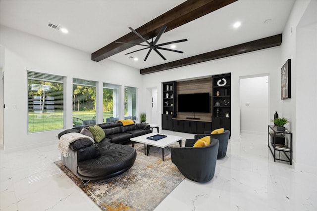 living area featuring baseboards, marble finish floor, beam ceiling, and visible vents