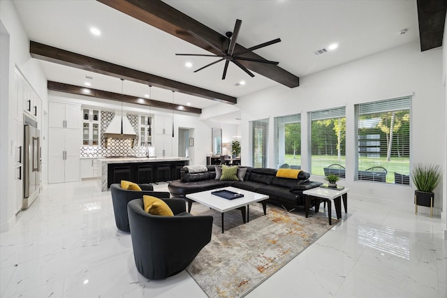 living area with ceiling fan, beam ceiling, marble finish floor, recessed lighting, and visible vents