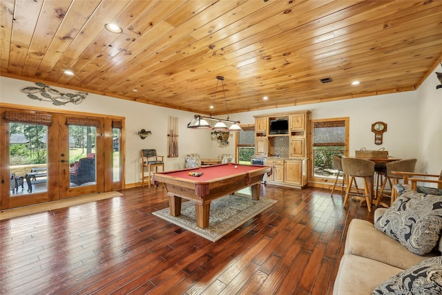 playroom with dark wood-type flooring, wooden ceiling, billiards, and recessed lighting