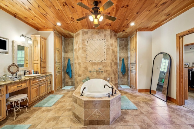 bathroom with a bath, wooden ceiling, a tile shower, and a ceiling fan