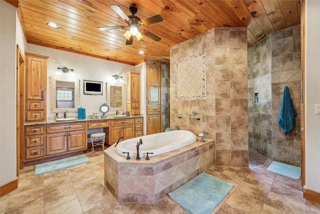 bathroom featuring a garden tub, wooden ceiling, a sink, and a walk in shower