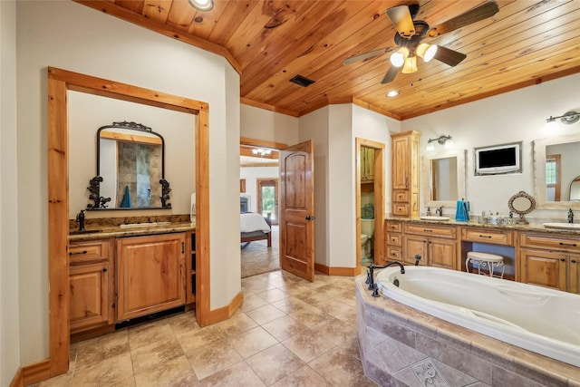 full bath featuring wooden ceiling, baseboards, a ceiling fan, and a sink