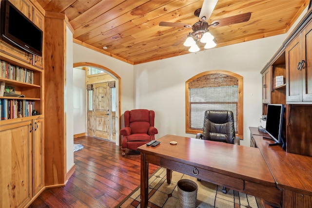 office area with arched walkways, a ceiling fan, dark wood-type flooring, and wooden ceiling
