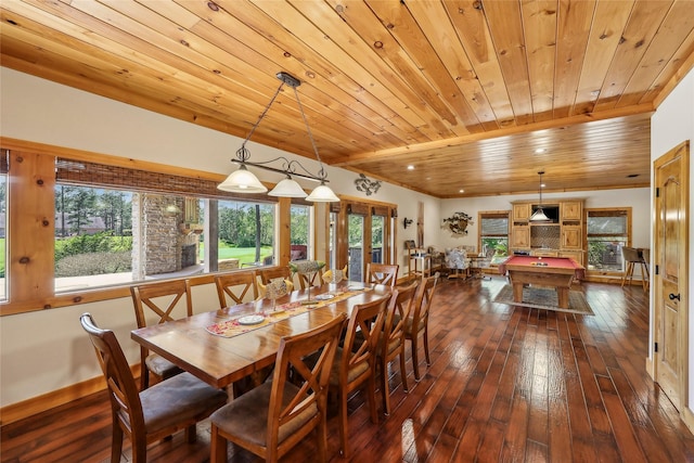 dining area featuring dark wood-style flooring, wood ceiling, and billiards