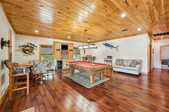 rec room with billiards, wooden ceiling, dark wood-style flooring, wine cooler, and recessed lighting