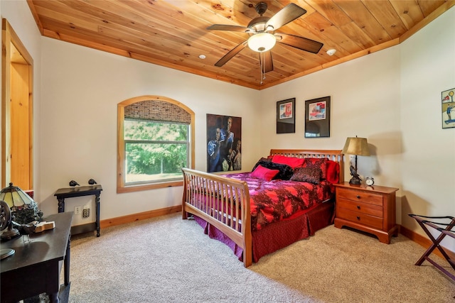 bedroom with baseboards, carpet floors, wooden ceiling, and ornamental molding