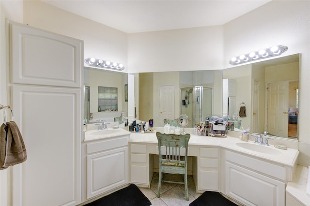 full bathroom featuring a shower stall, two vanities, tile patterned floors, and a sink