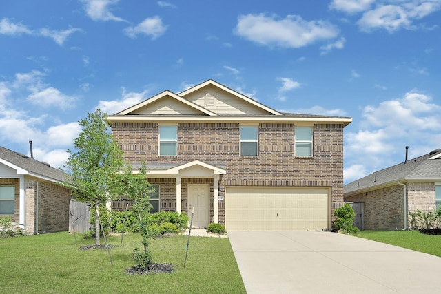 traditional home with a front lawn, driveway, brick siding, and a garage