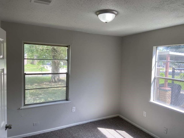 carpeted spare room with a textured ceiling, a healthy amount of sunlight, and baseboards
