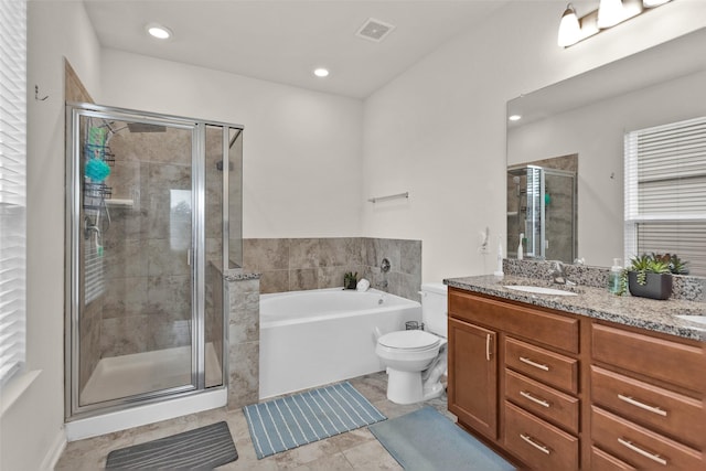 full bathroom with a sink, a stall shower, a bath, double vanity, and visible vents