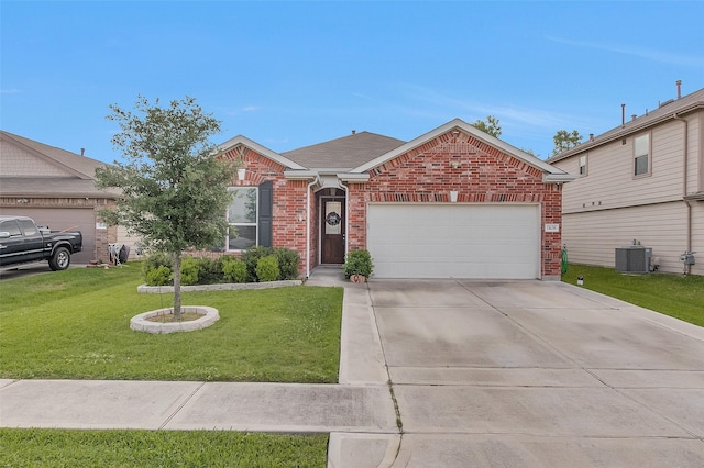 ranch-style house with central air condition unit, a front lawn, driveway, a garage, and brick siding