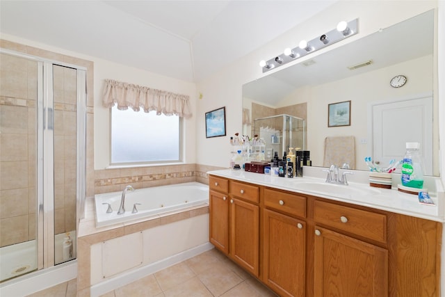 full bath featuring tile patterned floors, visible vents, a shower stall, a tub with jets, and vanity