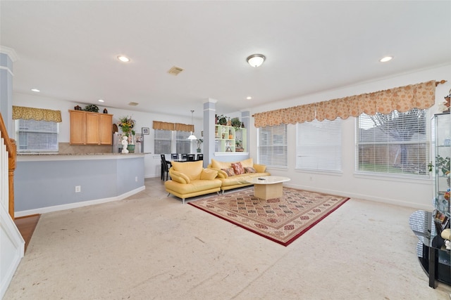 living area with light colored carpet, baseboards, and recessed lighting
