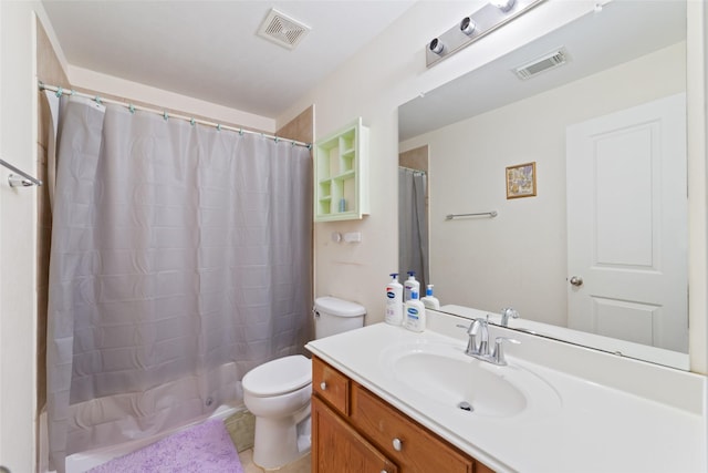 full bathroom featuring shower / tub combo with curtain, visible vents, toilet, and vanity